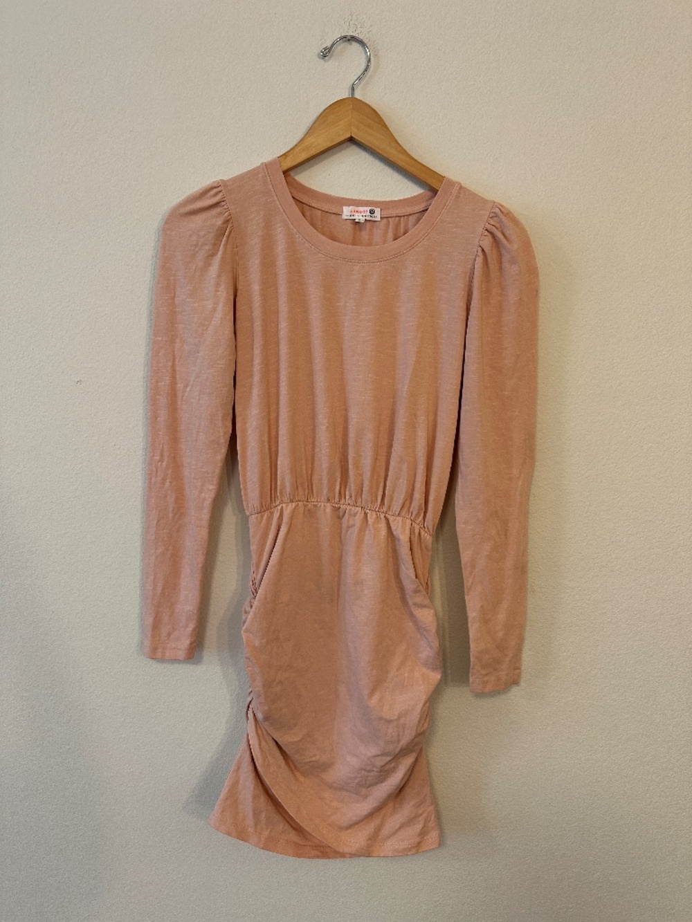 Sundry Anthropologie Rose Ruched Mini Dress Puff Sleeve Pink USA Size 0